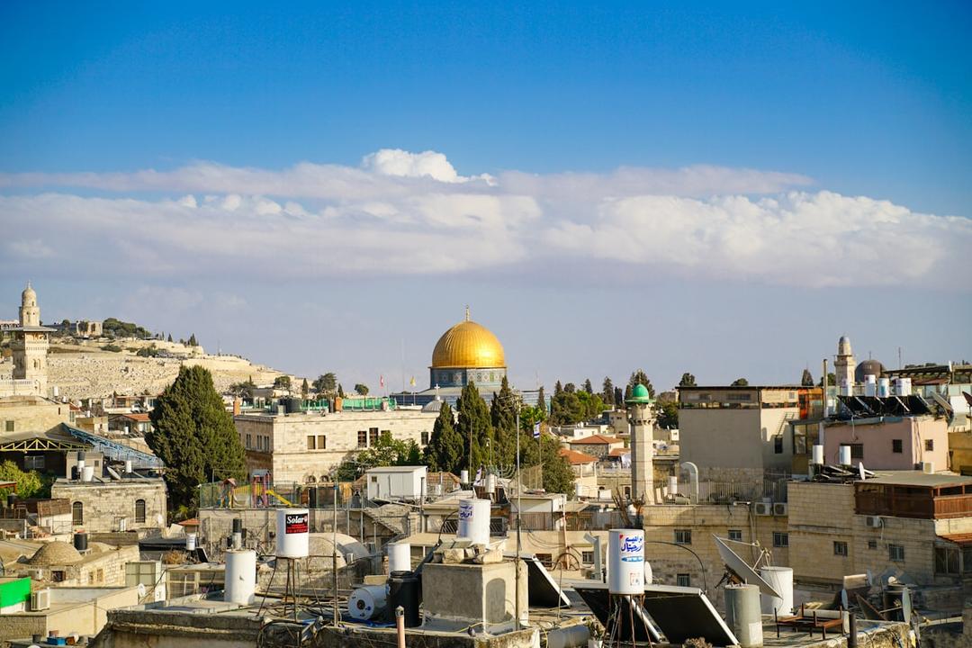 Jerusalem skyline with the golden Dome of the Rock at sunset