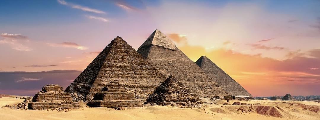 pyramids, egypt, egyptian, ancient, desert, giza, historical, architecture, sand, dunes, sand dunes, barren, nature, barren landscape, landmark, sunset, panorama, panoramic