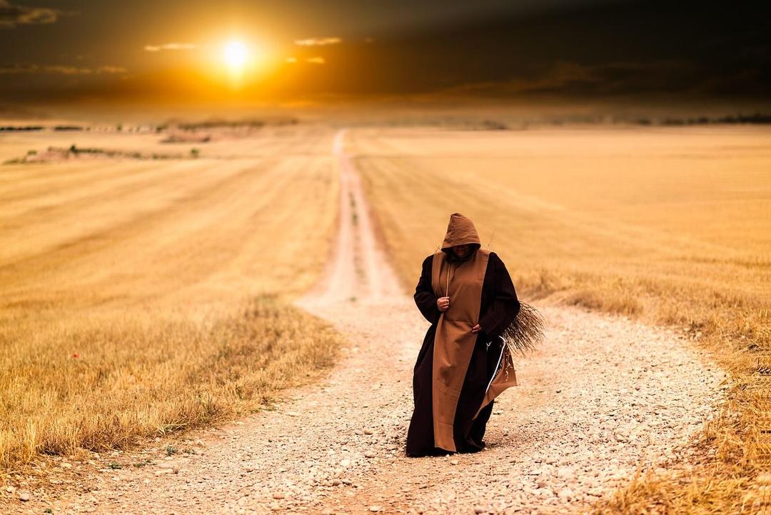 monk, pilgrimage, path, sunset, pilgrim, walk, road, enlightenment, tradition, culture, afternoon, nature, field, farm, landscape, rural, countryside, dusk
