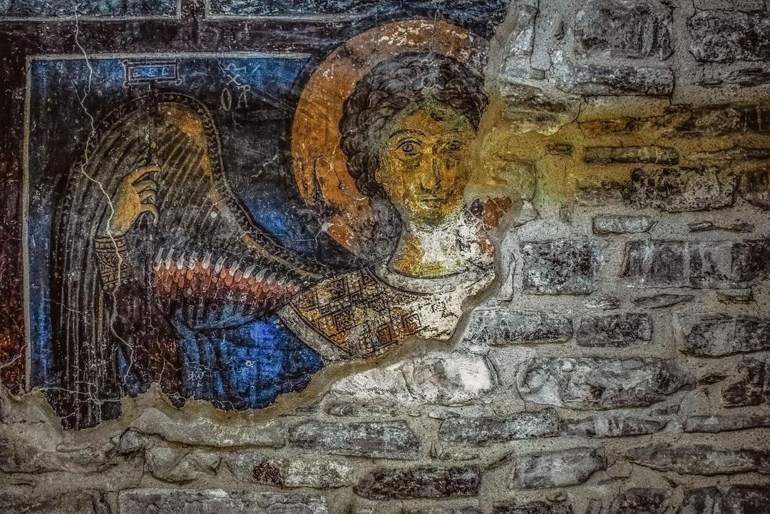 angel, icon, wall paint, iconography, damaged, weathered, aged, church, archangel michael, 12th century, orthodox, christianity, medieval, kato lefkara, cyprus, brown angel, archangel michael, archangel michael, archangel michael, archangel michael, archangel michael